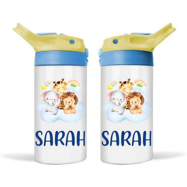 Personalised Safari Animal Sippy Bottle – Custom Name Kids Drink Bottle – 350ml Double-Walled Stainless Steel