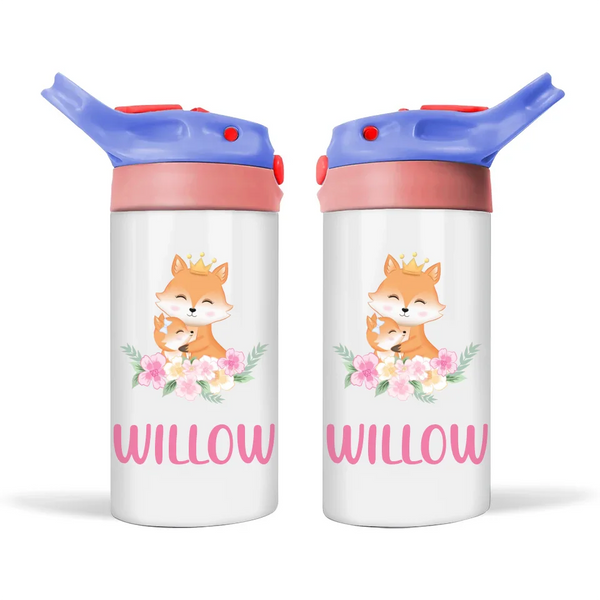 Personalised Fox & Flowers Sippy Bottle – Custom Name Kids Drink Bottle – 350ml Double-Walled Stainless Steel