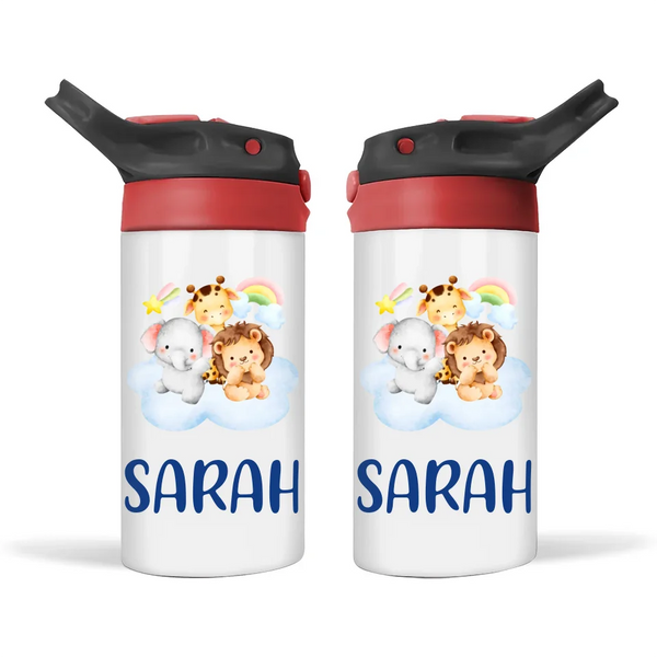 Personalised Safari Animal Sippy Bottle – Custom Name Kids Drink Bottle – 350ml Double-Walled Stainless Steel