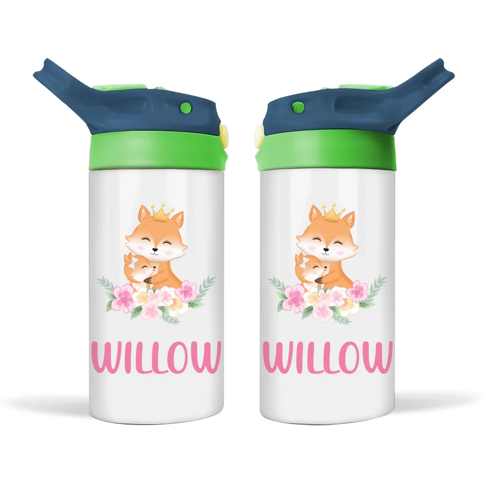 Personalised Fox & Flowers Sippy Bottle – Custom Name Kids Drink Bottle – 350ml Double-Walled Stainless Steel