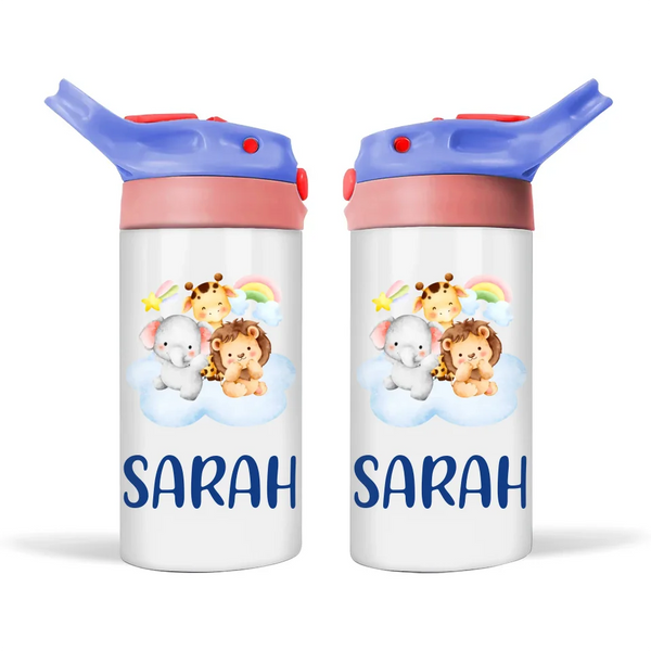 Personalised Safari Animal Sippy Bottle – Custom Name Kids Drink Bottle – 350ml Double-Walled Stainless Steel