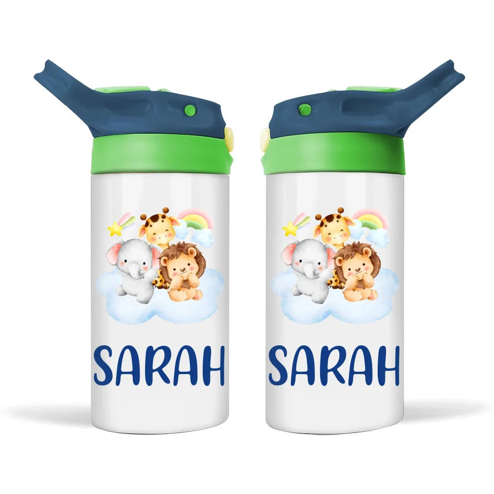 Personalised Safari Animal Sippy Bottle – Custom Name Kids Drink Bottle – 350ml Double-Walled Stainless Steel