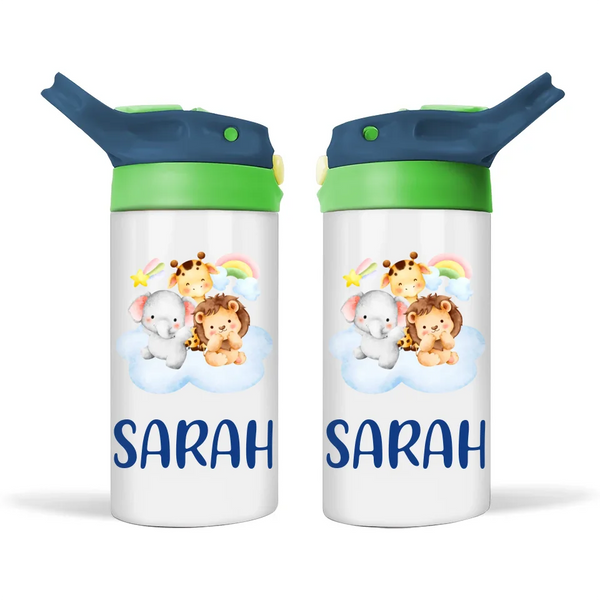 Personalised Safari Animal Sippy Bottle – Custom Name Kids Drink Bottle – 350ml Double-Walled Stainless Steel