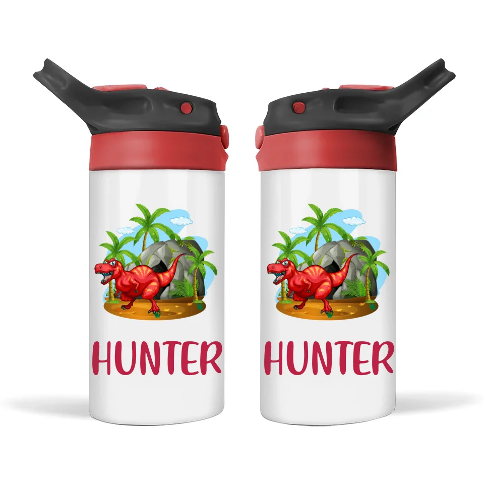 Personalised Dinosaur Sippy Bottle – Custom Name Kids Drink Bottle – 350ml Double-Walled Stainless Steel