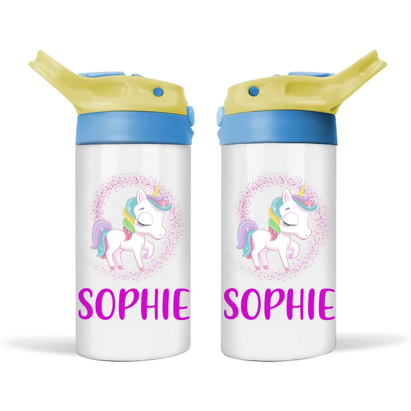 Personalised Unicorn Sippy Bottle – Custom Name Kids Drink Bottle – 350ml Double-Walled Stainless Steel