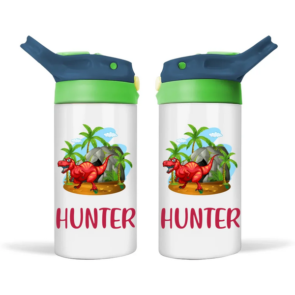 Personalised Dinosaur Sippy Bottle – Custom Name Kids Drink Bottle – 350ml Double-Walled Stainless Steel