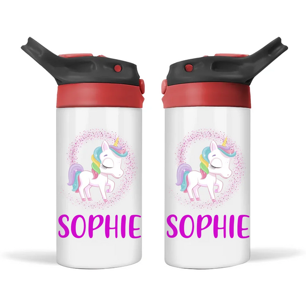 Personalised Unicorn Sippy Bottle – Custom Name Kids Drink Bottle – 350ml Double-Walled Stainless Steel