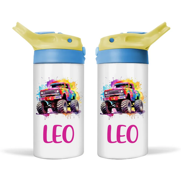 Personalised Colour Splash Monster Truck Sippy Bottle – Custom Name Kids Drink Bottle – 350ml Double-Walled Stainless Steel