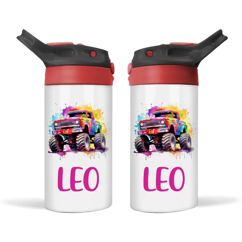 Personalised Colour Splash Monster Truck Sippy Bottle – Custom Name Kids Drink Bottle – 350ml Double-Walled Stainless Steel