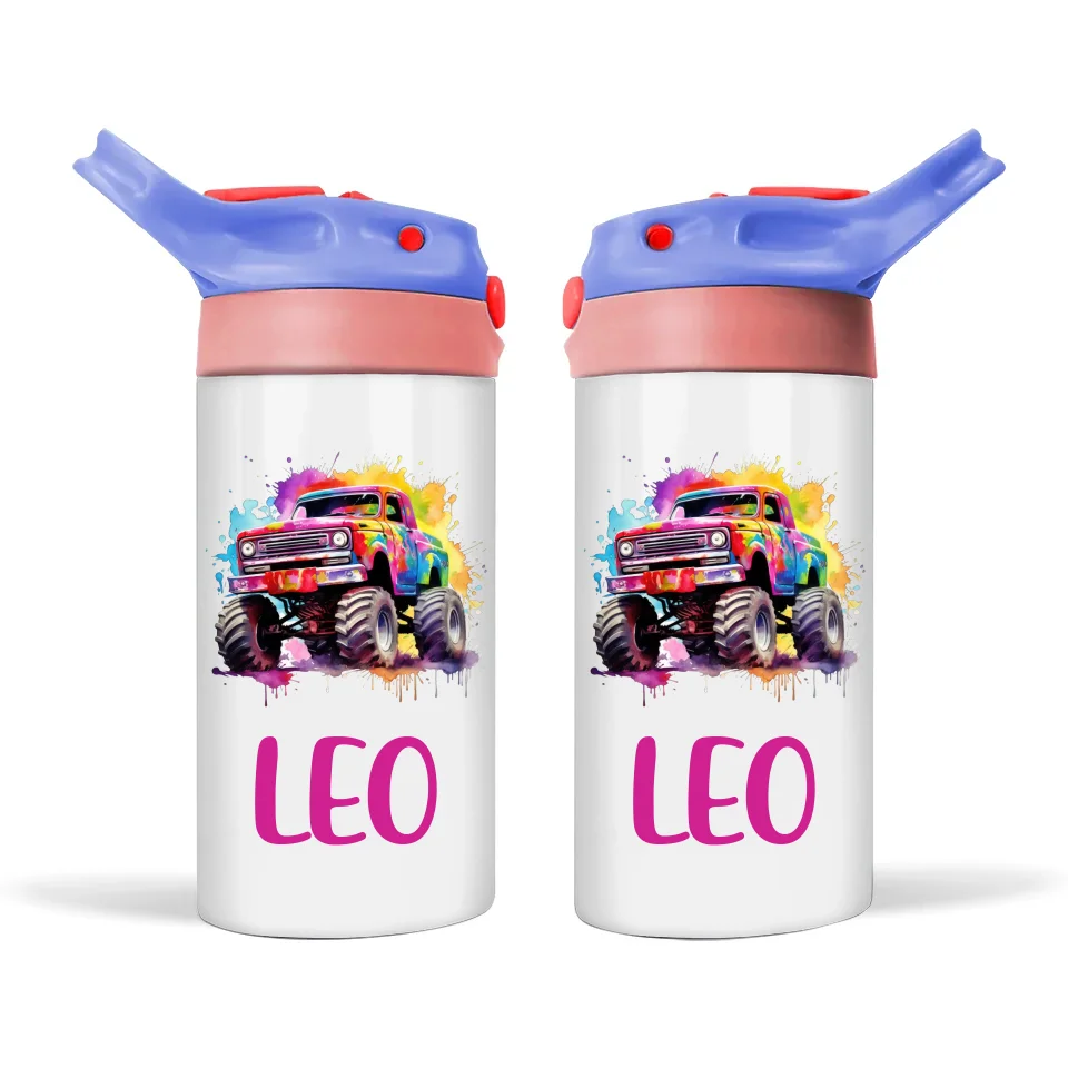 Personalised Colour Splash Monster Truck Sippy Bottle – Custom Name Kids Drink Bottle – 350ml Double-Walled Stainless Steel