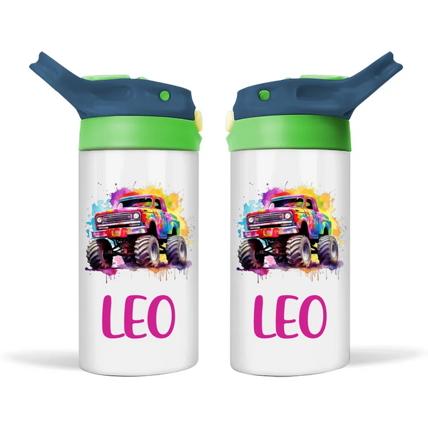 Personalised Colour Splash Monster Truck Sippy Bottle – Custom Name Kids Drink Bottle – 350ml Double-Walled Stainless Steel