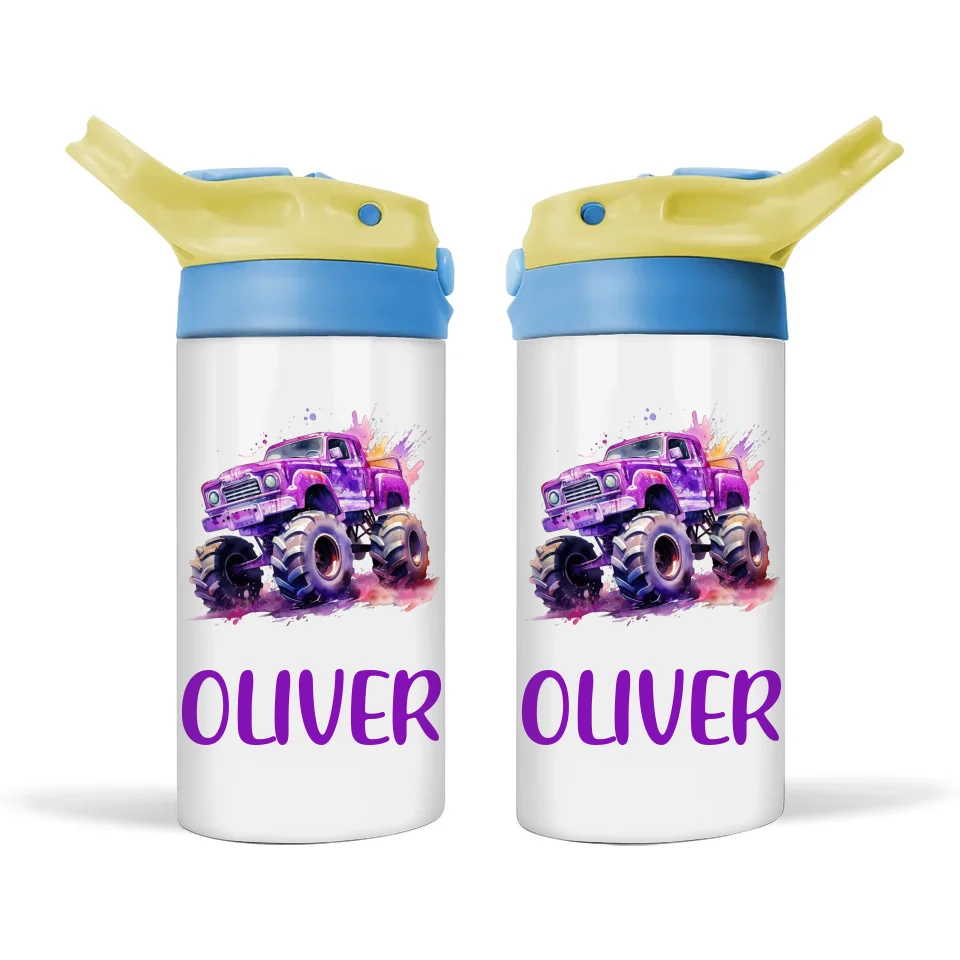 Personalised Purple Monster Truck Sippy Bottle – Custom Name Kids Drink Bottle – 350ml Double-Walled Stainless Steel