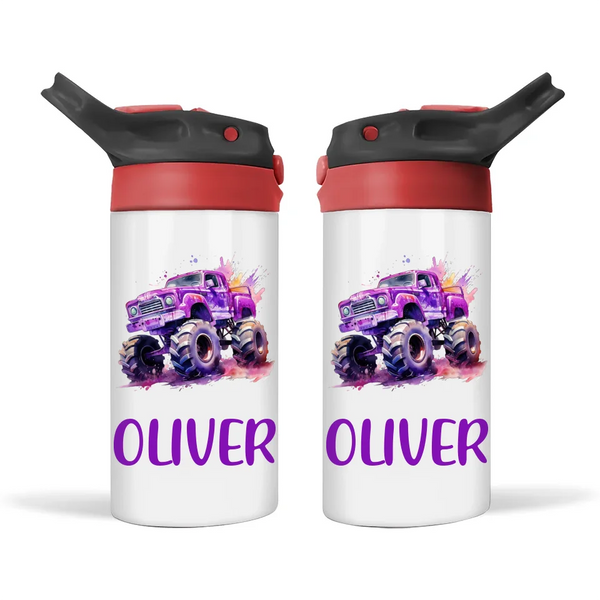 Personalised Purple Monster Truck Sippy Bottle – Custom Name Kids Drink Bottle – 350ml Double-Walled Stainless Steel