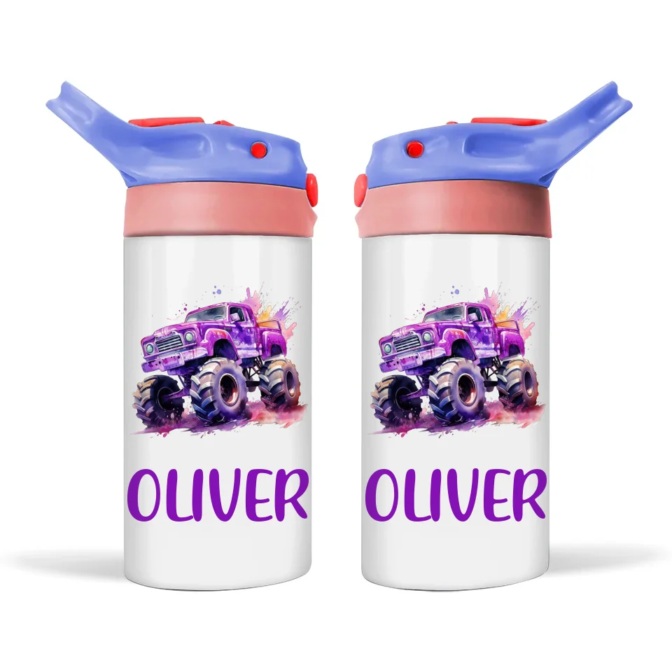 Personalised Purple Monster Truck Sippy Bottle – Custom Name Kids Drink Bottle – 350ml Double-Walled Stainless Steel