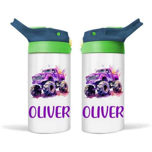 Personalised Purple Monster Truck Sippy Bottle – Custom Name Kids Drink Bottle – 350ml Double-Walled Stainless Steel