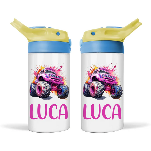 Personalised Pink Monster Truck Sippy Bottle – Custom Name Kids Drink Bottle – 350ml Double-Walled Stainless Steel