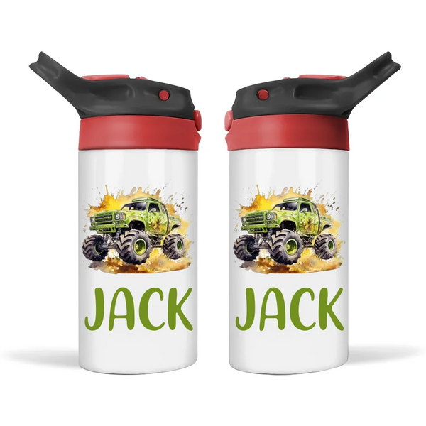 Personalised Monster Truck Sippy Bottle – Custom Name Kids Drink Bottle – 350ml Double-Walled Stainless Steel