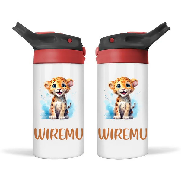 Personalised Leopard Sippy Bottle – Custom Name Kids Drink Bottle – 350ml Double-Walled Stainless Steel