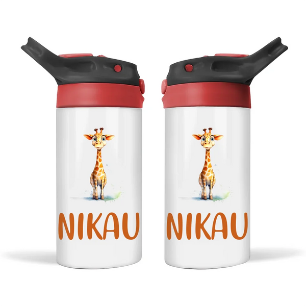 Personalised Giraffe Sippy Bottle – Custom Name Kids Drink Bottle – 350ml Double-Walled Stainless Steel