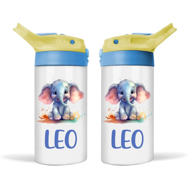 Personalised Elephant Sippy Bottle – Custom Name Kids Drink Bottle – 350ml Double-Walled Stainless Steel