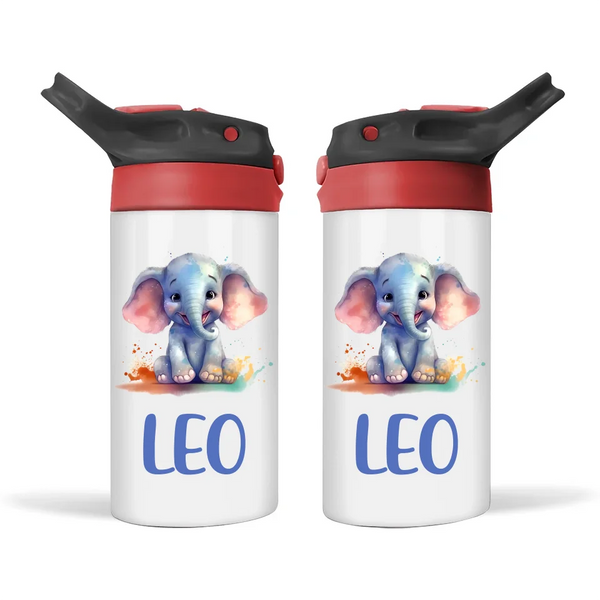 Personalised Elephant Sippy Bottle – Custom Name Kids Drink Bottle – 350ml Double-Walled Stainless Steel