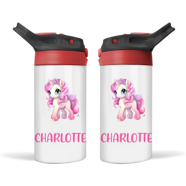 Personalised Unicorn Sippy Bottle – Custom Name Kids Drink Bottle – 350ml Double-Walled Stainless Steel