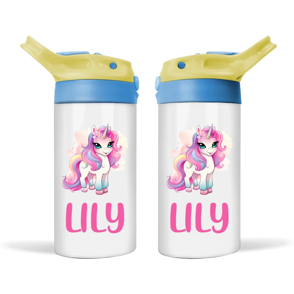 Personalised Unicorn Sippy Bottle – Custom Name Kids Drink Bottle – 350ml Double-Walled Stainless Steel