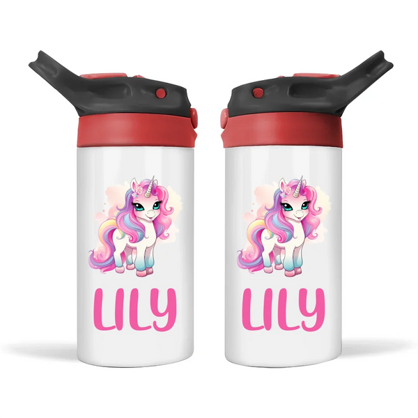 Personalised Unicorn Sippy Bottle – Custom Name Kids Drink Bottle – 350ml Double-Walled Stainless Steel