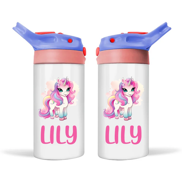 Personalised Unicorn Sippy Bottle – Custom Name Kids Drink Bottle – 350ml Double-Walled Stainless Steel