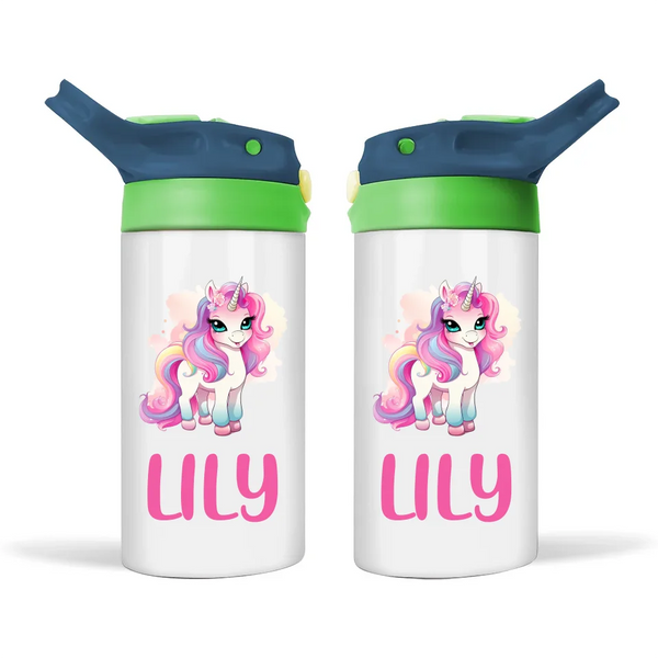 Personalised Unicorn Sippy Bottle – Custom Name Kids Drink Bottle – 350ml Double-Walled Stainless Steel