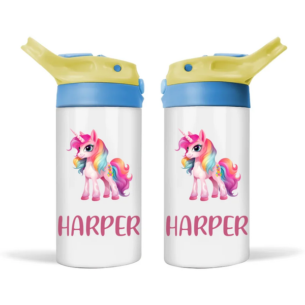 Personalised Unicorn Sippy Bottle – Custom Name Kids Drink Bottle – 350ml Double-Walled Stainless Steel