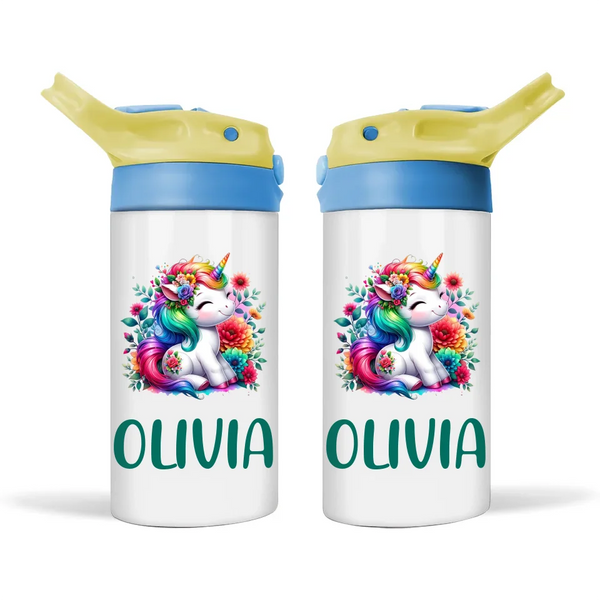 Personalised Unicorn Sippy Bottle – Custom Name Kids Drink Bottle – 350ml Double-Walled Stainless Steel