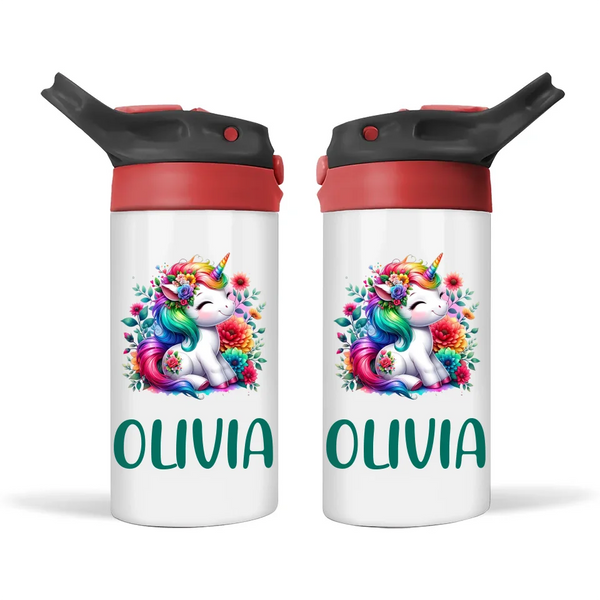 Personalised Unicorn Sippy Bottle – Custom Name Kids Drink Bottle – 350ml Double-Walled Stainless Steel