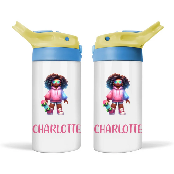 Personalised Skater Girl Sippy Bottle – Custom Name Kids Drink Bottle – 350ml Double-Walled Stainless Steel