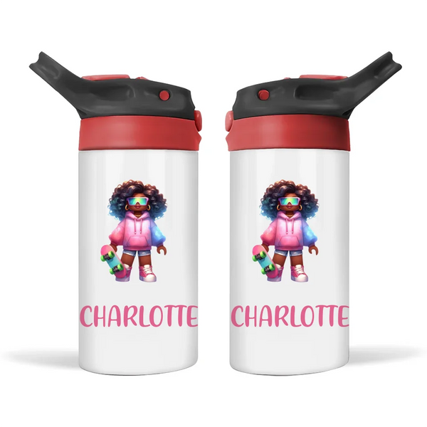 Personalised Skater Girl Sippy Bottle – Custom Name Kids Drink Bottle – 350ml Double-Walled Stainless Steel