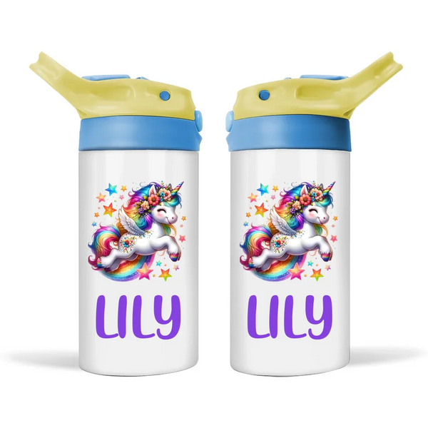 Personalised Unicorn Sippy Bottle – Custom Name Kids Drink Bottle – 350ml Double-Walled Stainless Steel