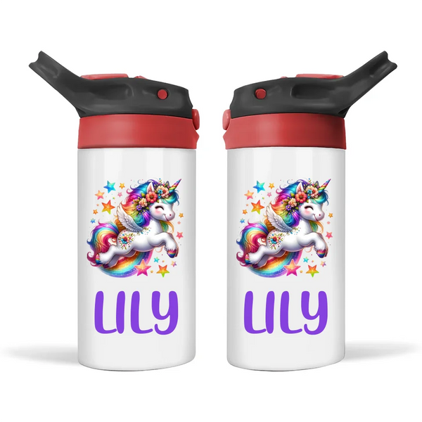 Personalised Unicorn Sippy Bottle – Custom Name Kids Drink Bottle – 350ml Double-Walled Stainless Steel