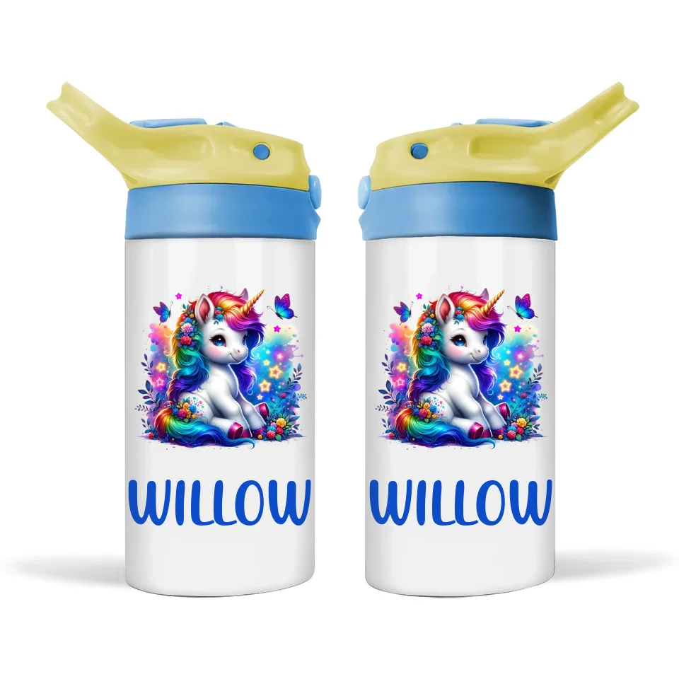 Personalised Unicorn Sippy Bottle – Custom Name Kids Drink Bottle – 350ml Double-Walled Stainless Steel