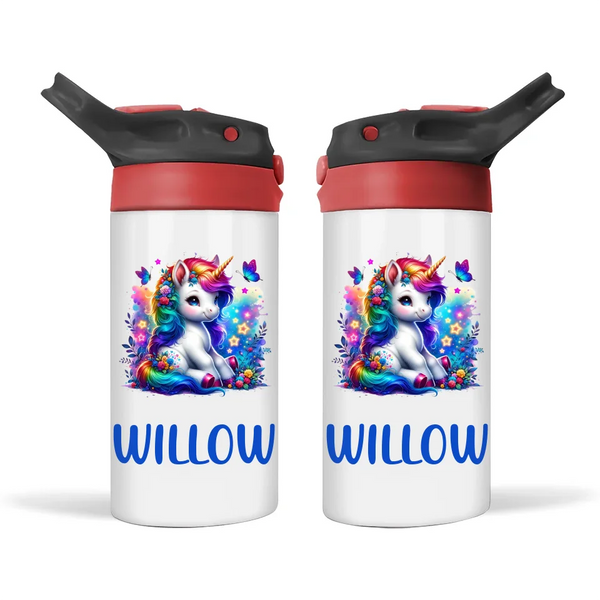 Personalised Unicorn Sippy Bottle – Custom Name Kids Drink Bottle – 350ml Double-Walled Stainless Steel