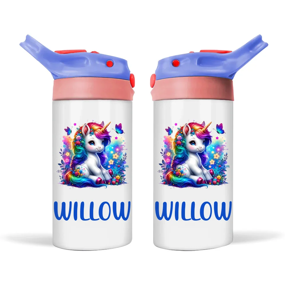 Personalised Unicorn Sippy Bottle – Custom Name Kids Drink Bottle – 350ml Double-Walled Stainless Steel