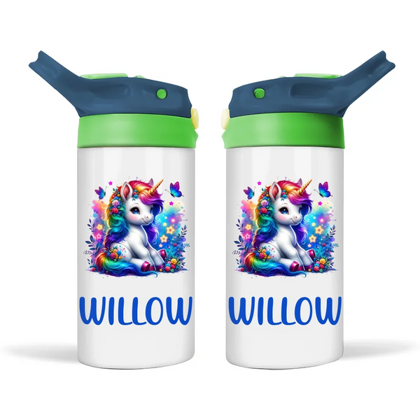 Personalised Unicorn Sippy Bottle – Custom Name Kids Drink Bottle – 350ml Double-Walled Stainless Steel