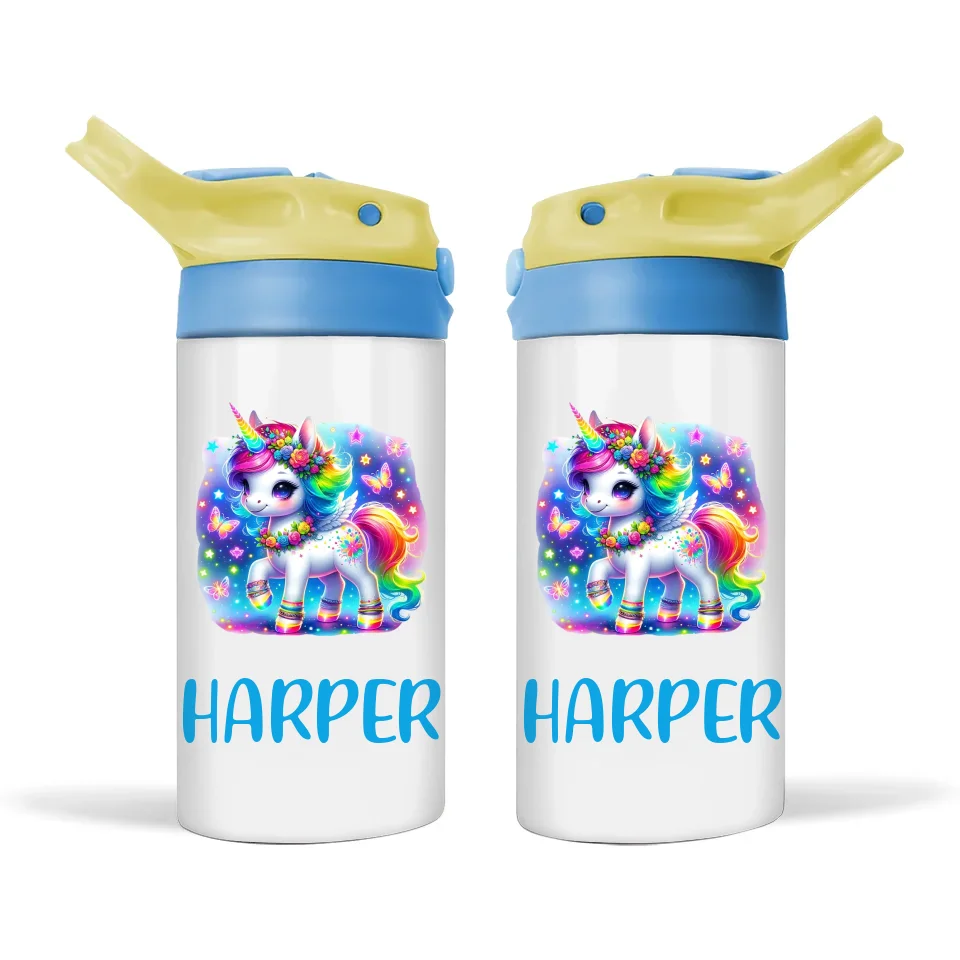 Personalised Unicorn Sippy Bottle – Custom Name Kids Drink Bottle – 350ml Double-Walled Stainless Steel