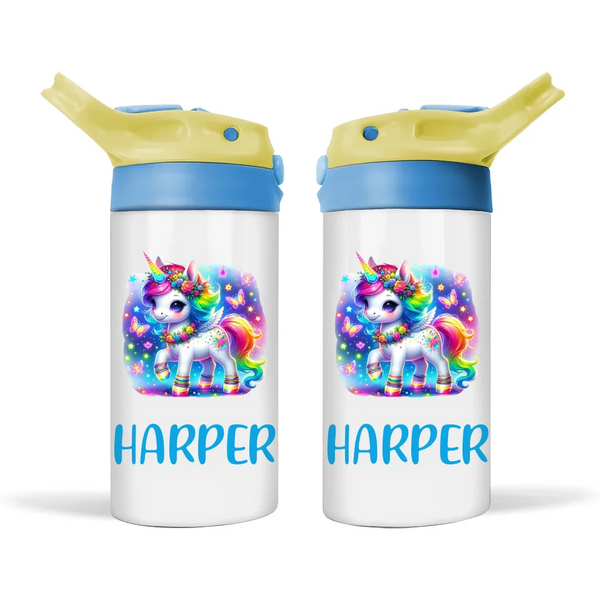 Personalised Unicorn Sippy Bottle – Custom Name Kids Drink Bottle – 350ml Double-Walled Stainless Steel