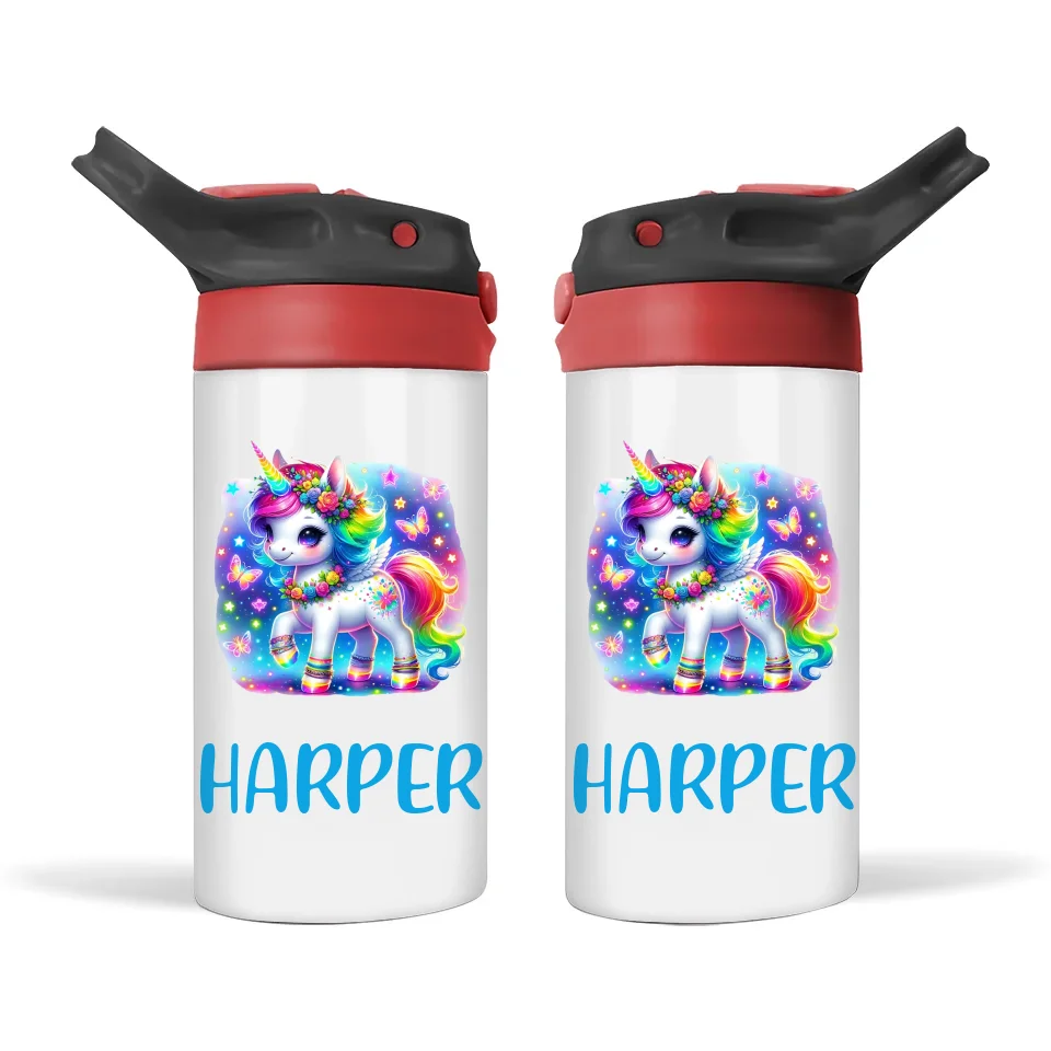 Personalised Unicorn Sippy Bottle – Custom Name Kids Drink Bottle – 350ml Double-Walled Stainless Steel