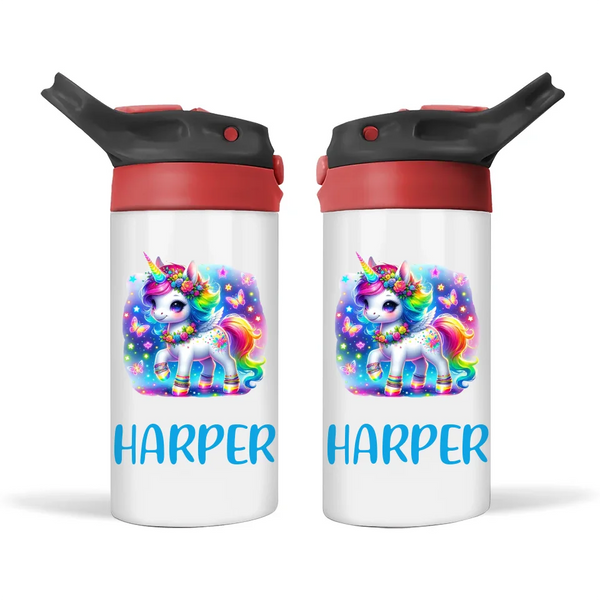 Personalised Unicorn Sippy Bottle – Custom Name Kids Drink Bottle – 350ml Double-Walled Stainless Steel