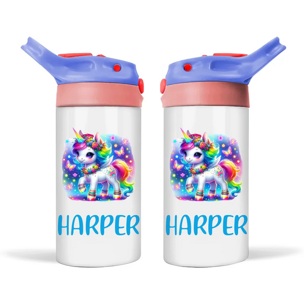 Personalised Unicorn Sippy Bottle – Custom Name Kids Drink Bottle – 350ml Double-Walled Stainless Steel