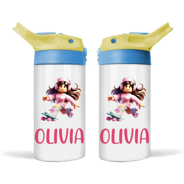 Personalised Roller Skater Sippy Bottle – Custom Name Kids Drink Bottle – 350ml Double-Walled Stainless Steel