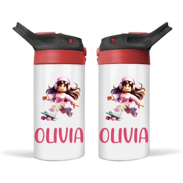 Personalised Roller Skater Sippy Bottle – Custom Name Kids Drink Bottle – 350ml Double-Walled Stainless Steel