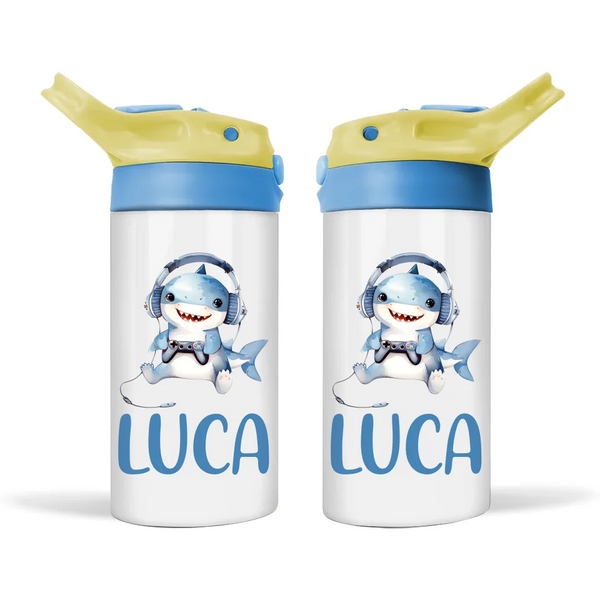 Personalised Kids Sippy Bottle - Cute Gamer Shark Design with Custom Name