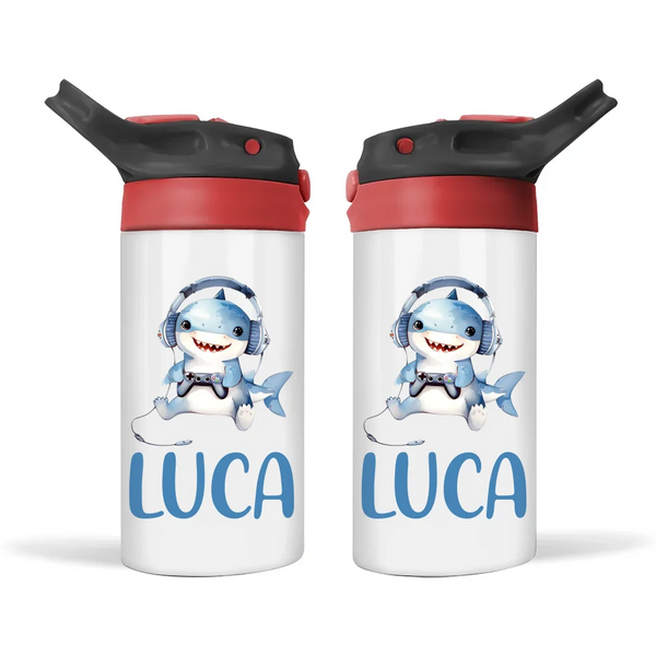 Personalised Kids Sippy Bottle - Cute Gamer Shark Design with Custom Name